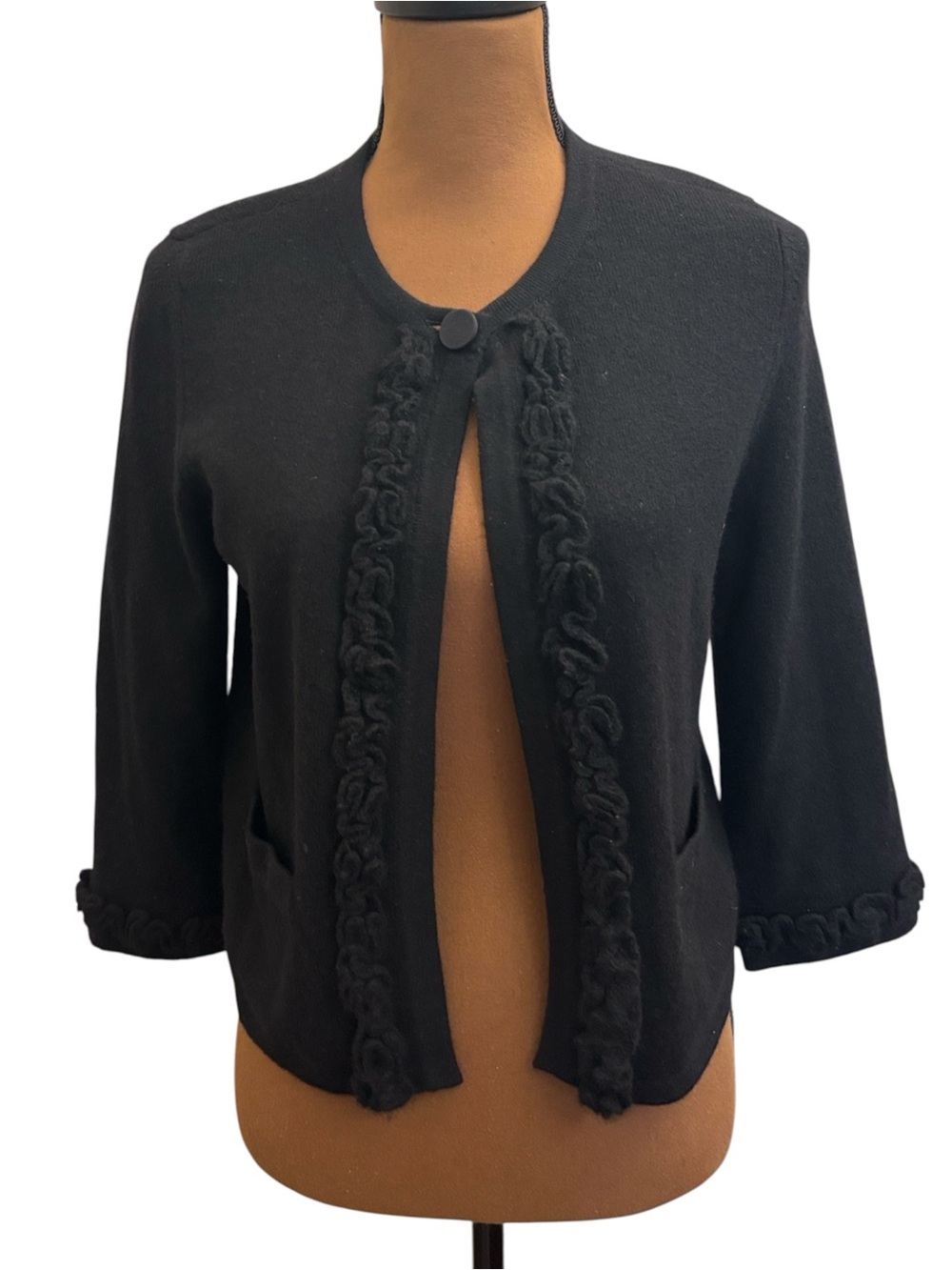 Lord & Taylor 100% Cashmere Black Cropped Ruffle Trim Cardigan Size M